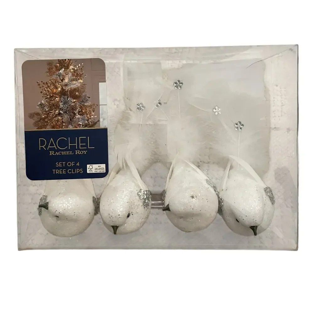 Rachel Roy Rhinestone Feathered Dove Christmas Tree Clips Set of 4 White New